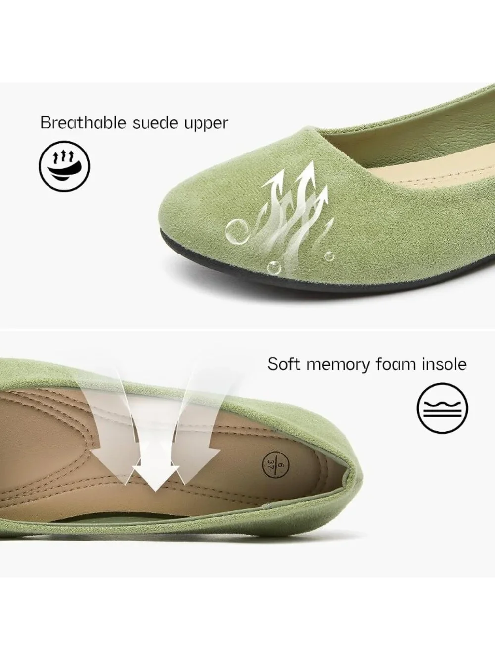 Women's Green Suede Round Toe Soft Flexible & Foldable Comfortable Ballet Flats